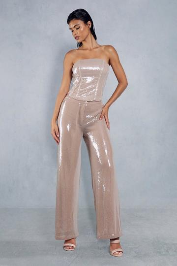 Premium Sequin Wide Leg Trousers taupe