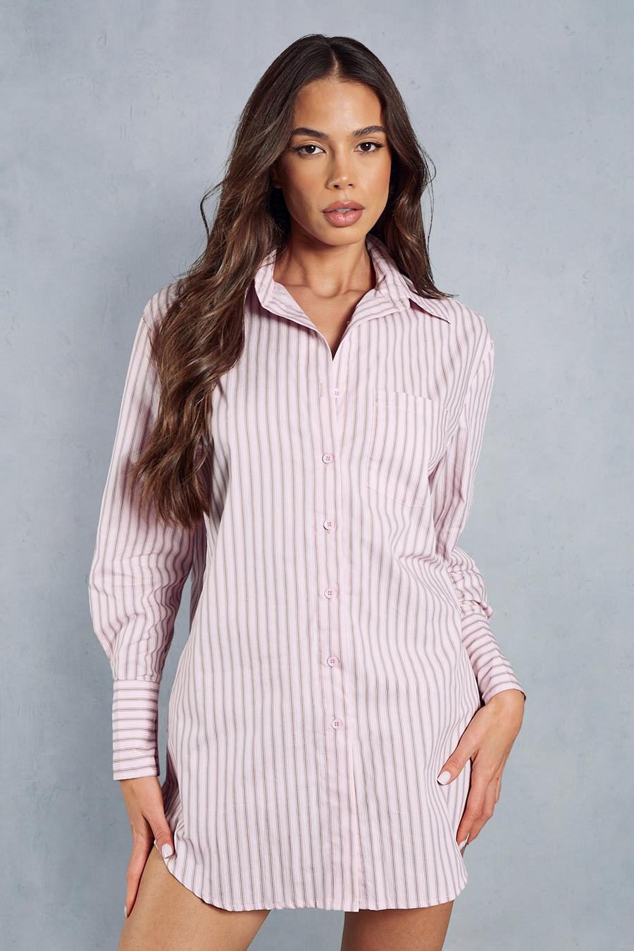 Pink Pinstripe Long Sleeve Shirt Dress image number 1