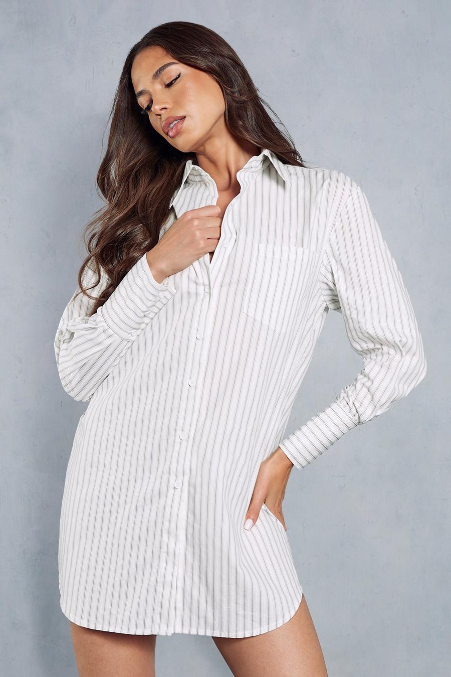 White Pinstripe Long Sleeve Shirt Dress image number 1