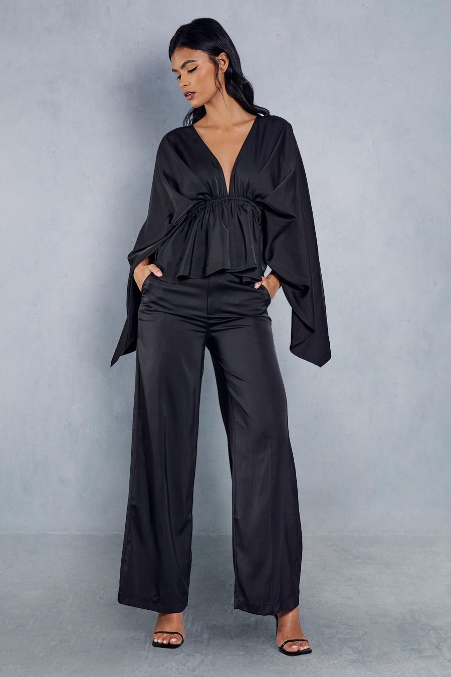 Black Satin Plunge Exaggerated Sleeve Wide Leg Trouser Co Ord 