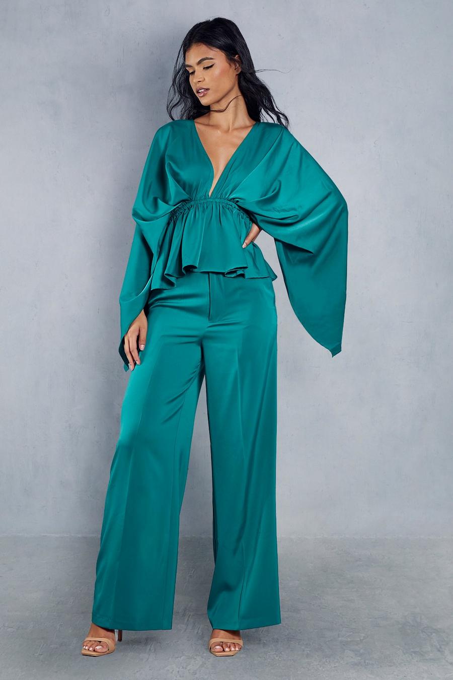 Sage Satin Plunge Exaggerated Sleeve Wide Leg Trouser Co Ord  image number 1