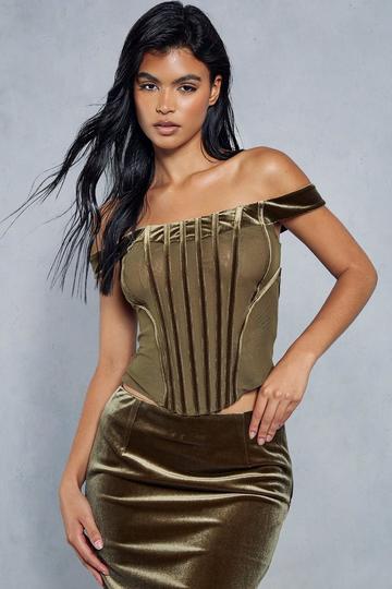 Velvet Bardot Panelled Corset Top olive