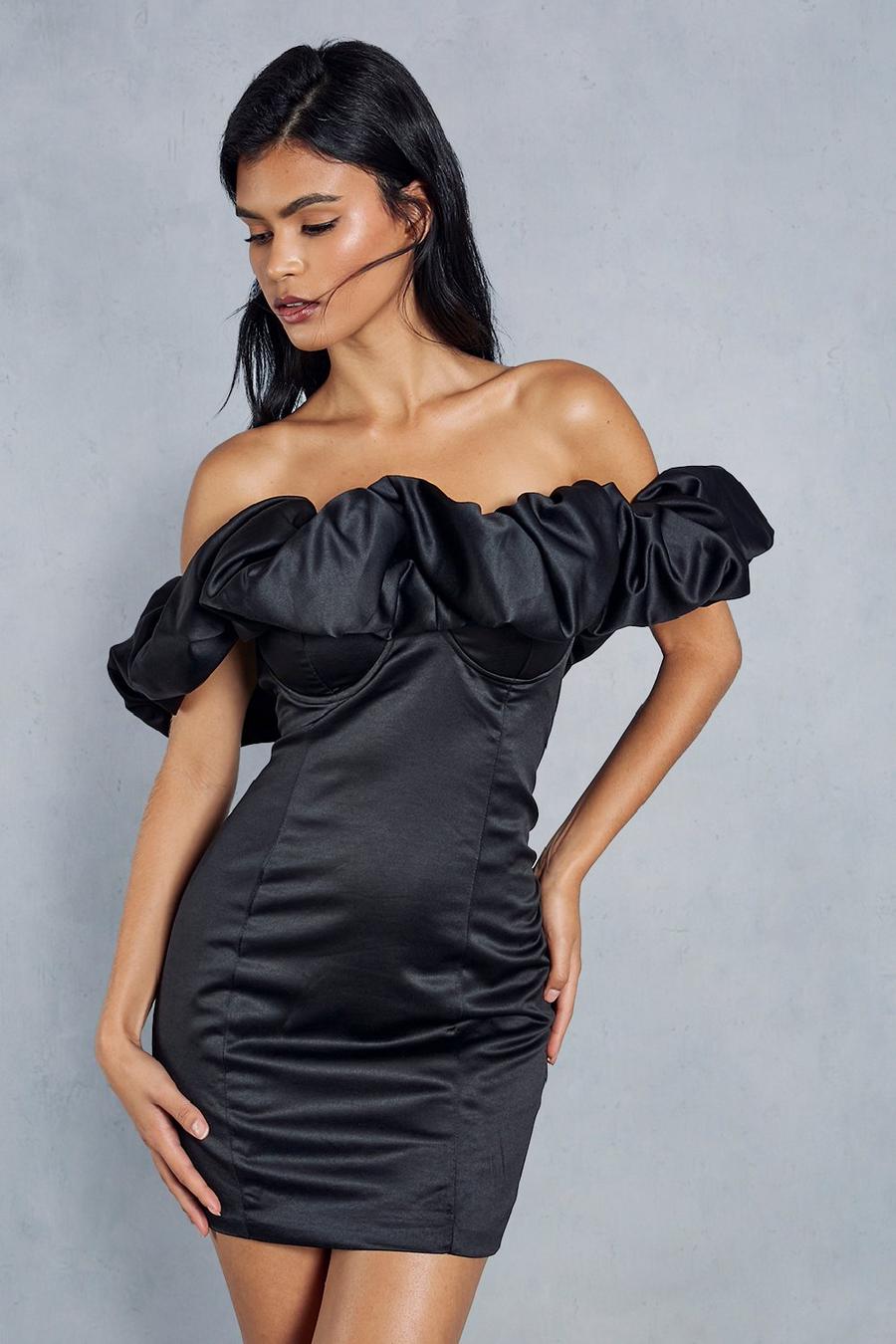 Black Premium Asymmetric Frill Bodycon Mini Dress image number 1