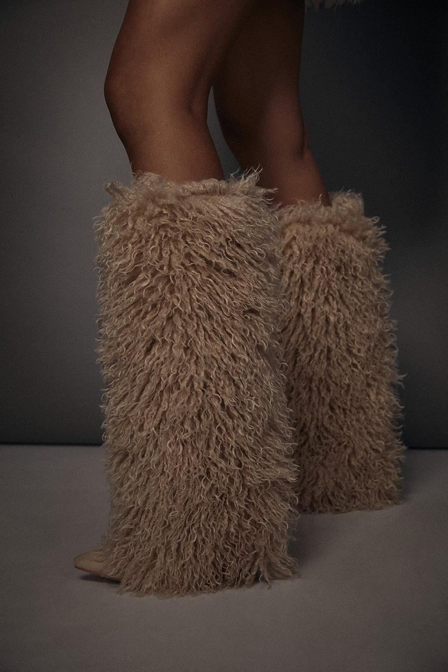 Beige Knee High Faux Fur Yeti Boots image number 1