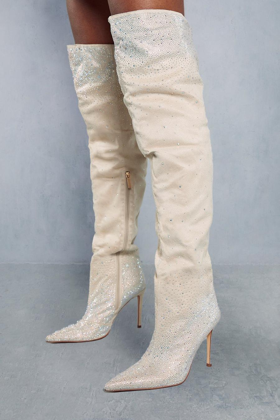 Cream Embellished Over The Knee Pointed Boots image number 1