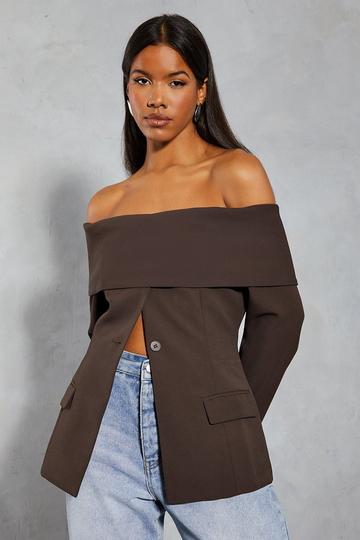 Tailored Bardot Fitted Blazer Top chocolate