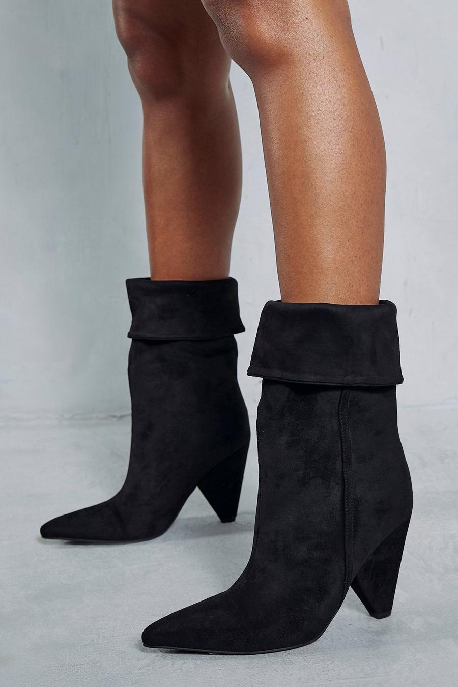 Black Faux Suede Fold Over Ankle Boots image number 1
