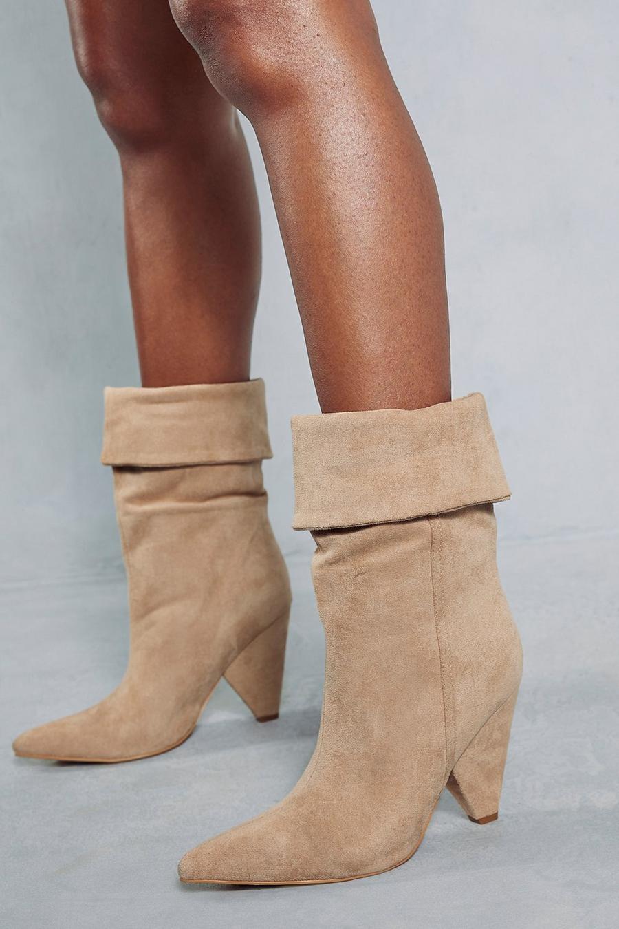 Taupe Faux Suede Fold Over Ankle Boots