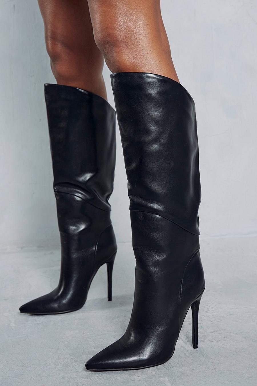 Black Leather Look Dipped Knee High Boots image number 1