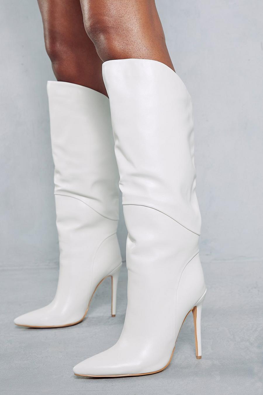 White Leather Look Dipped Knee High Boots image number 1