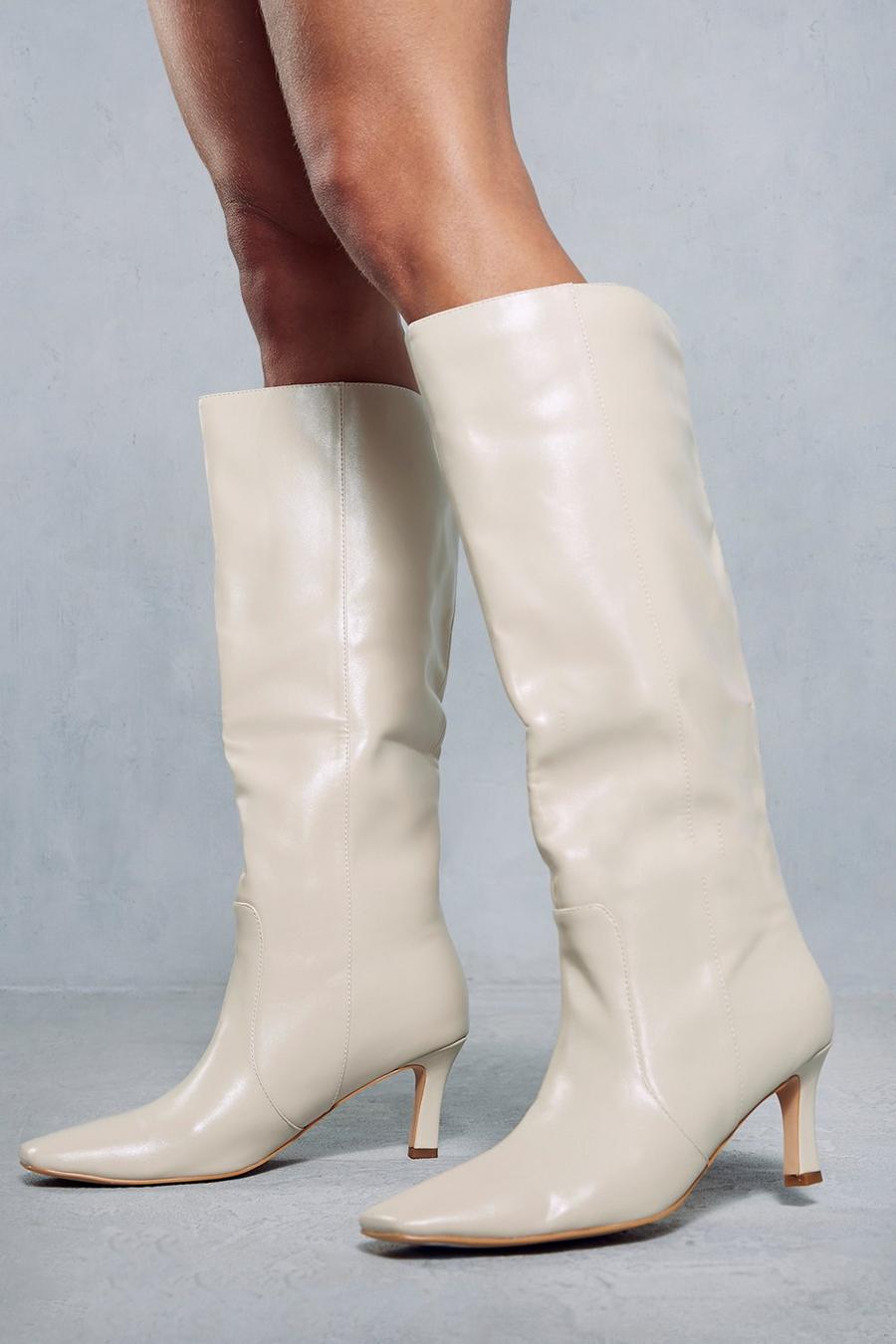 Cream Leather Look Knee High Low Heel Boots