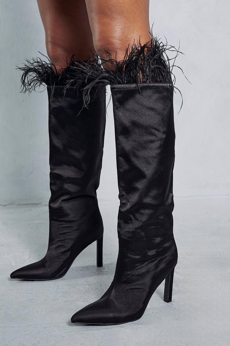 Black Feather Trim Knee High Heeled Boots
