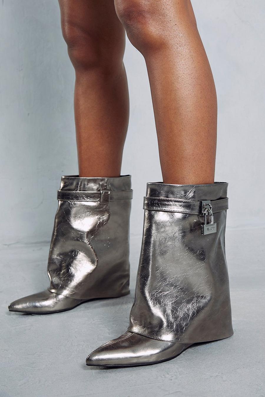 Silver Metallic Fold Over Padlock Knee High Boots image number 1
