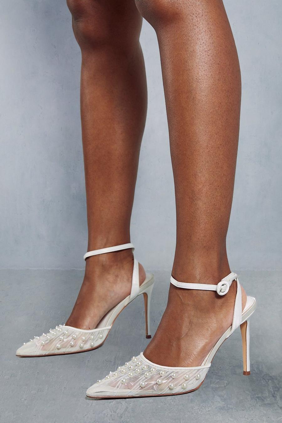 Ivory Pearl Embellished Tulle Pointed Heels image number 1