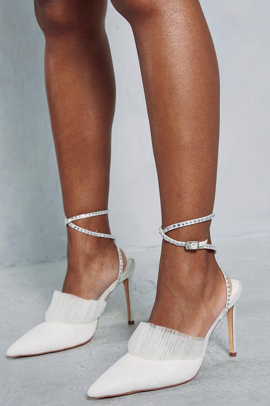 Ivory Diamante Strap Tulle Pointed Heels image number 1
