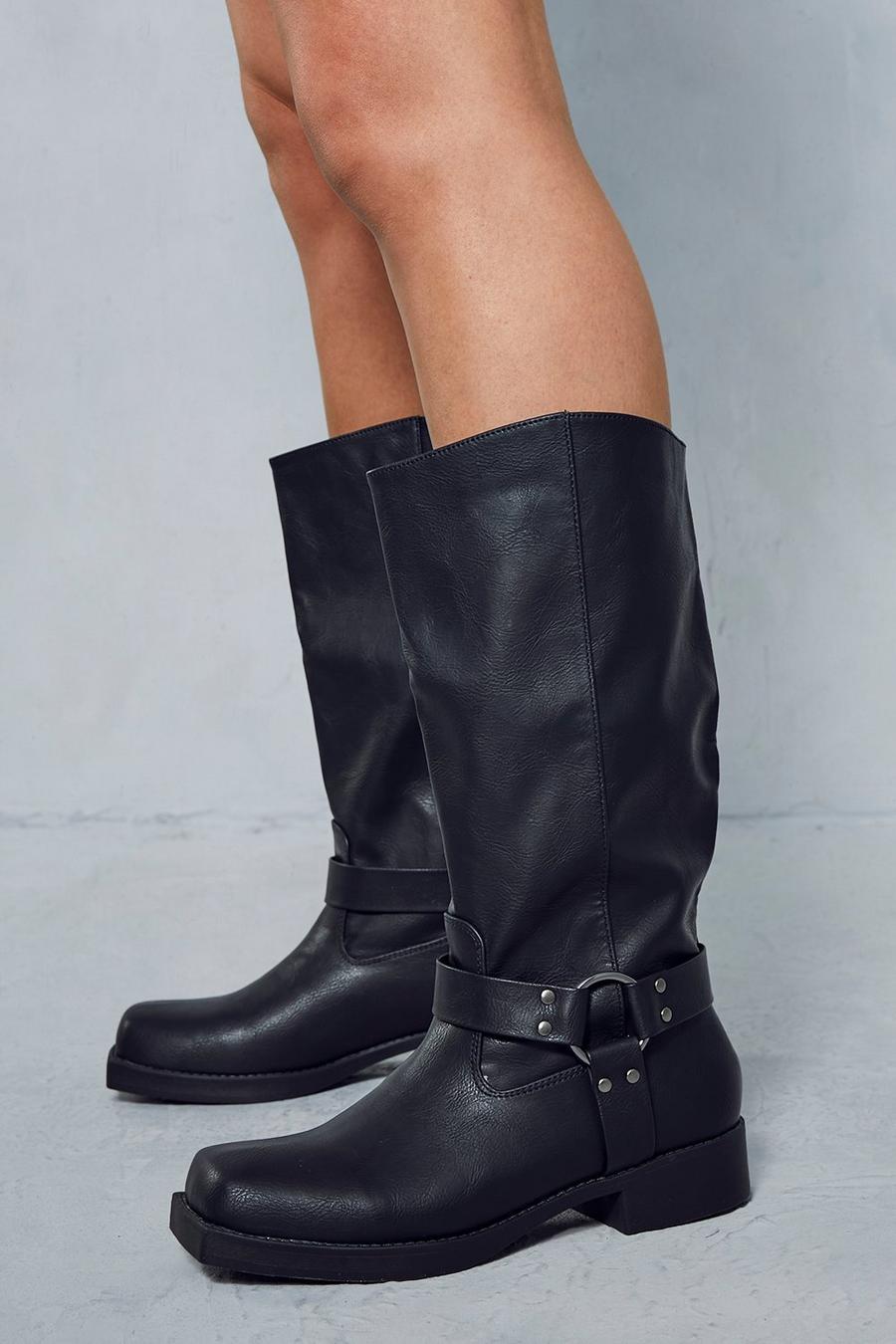 Black Leather Look Square Toe Buckle Knee High Boots