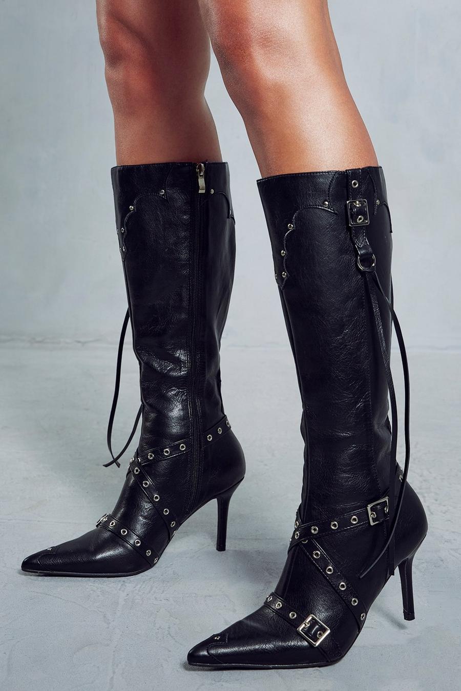 Black Leather Look Buckle Detail Knee High Boots image number 1