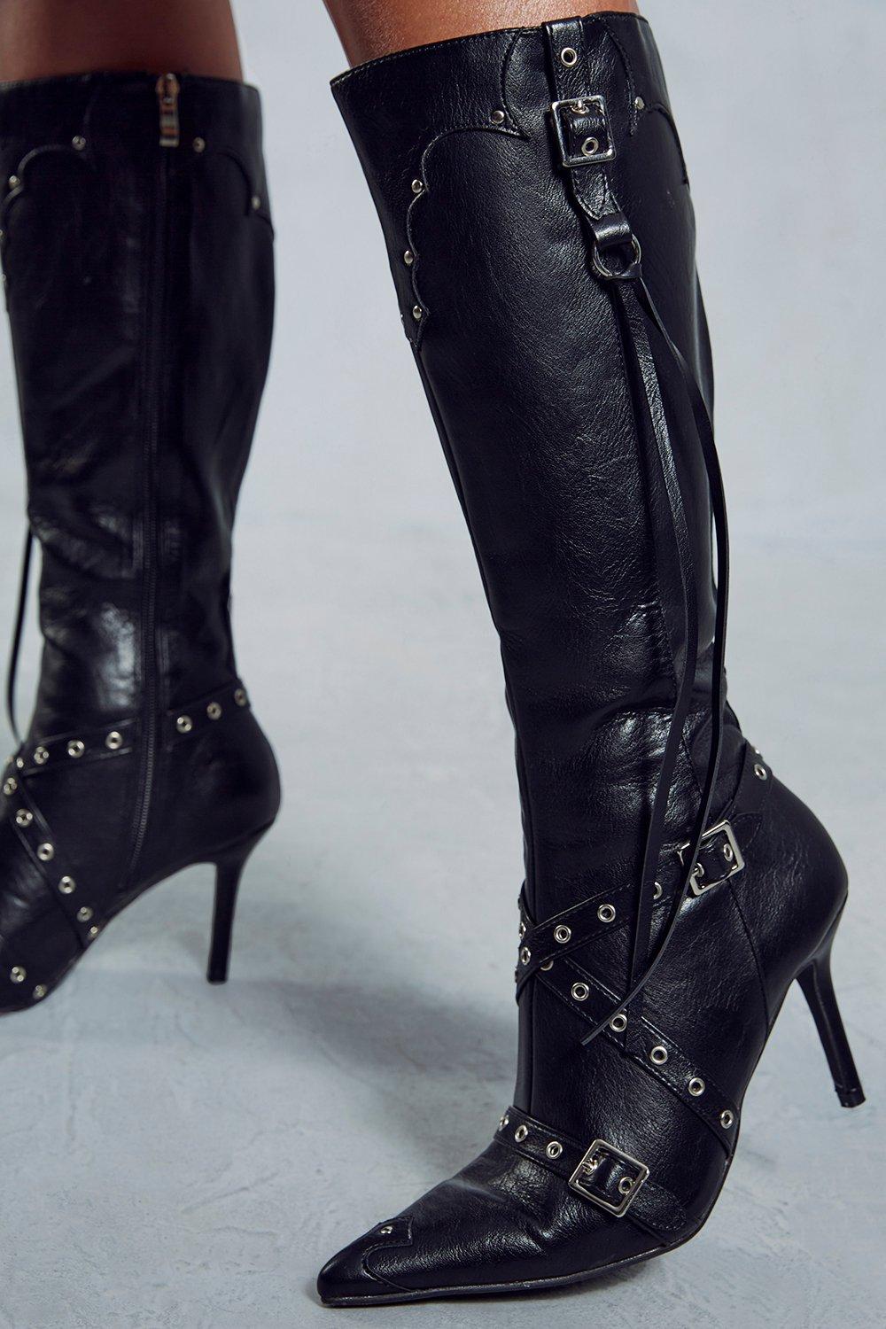 Black leather store knee boots uk