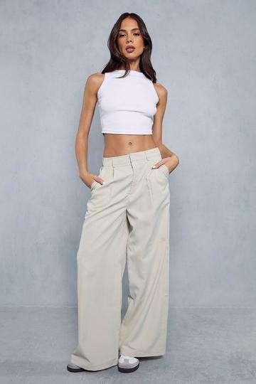 Stone Beige Pleat Front Straight Leg Trousers