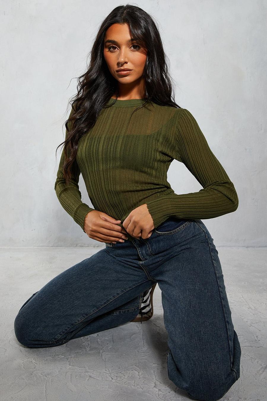 Khaki Sheer Knitted Ribbed Long Sleeve Top  image number 1