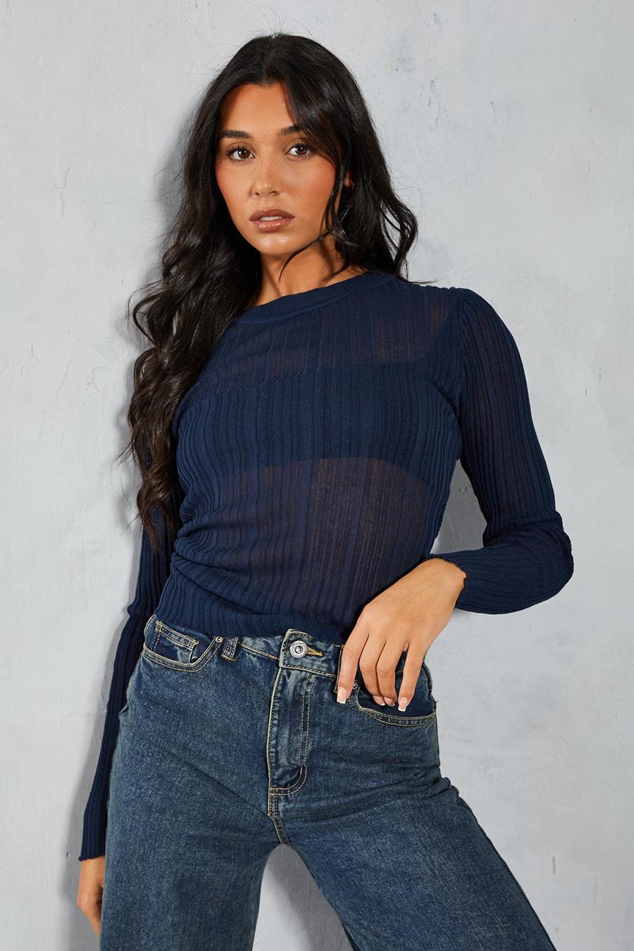 Navy Sheer Knitted Ribbed Long Sleeve Top  image number 1