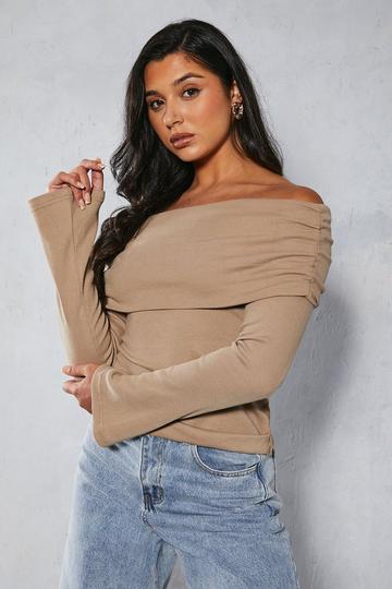 Fold Over Bardot Rib Top camel