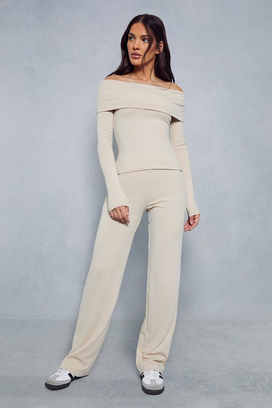 Stone Bardot Fold Over Rib Top & Trouser Co-ord image number 1