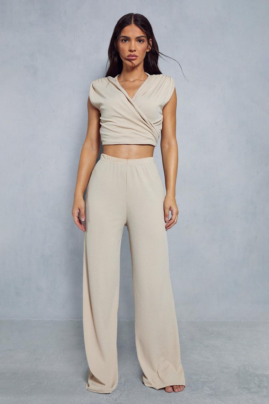 Stone Draped Shoulder Top & Wide Leg Trouser Co-ord image number 1