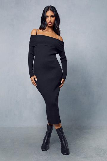 Knitted Ribbed Strappy Bardot Midi Dress black