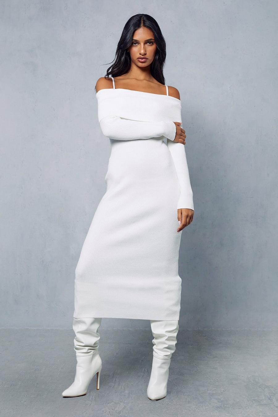 White Knitted Ribbed Strappy Bardot Midi Dress  image number 1