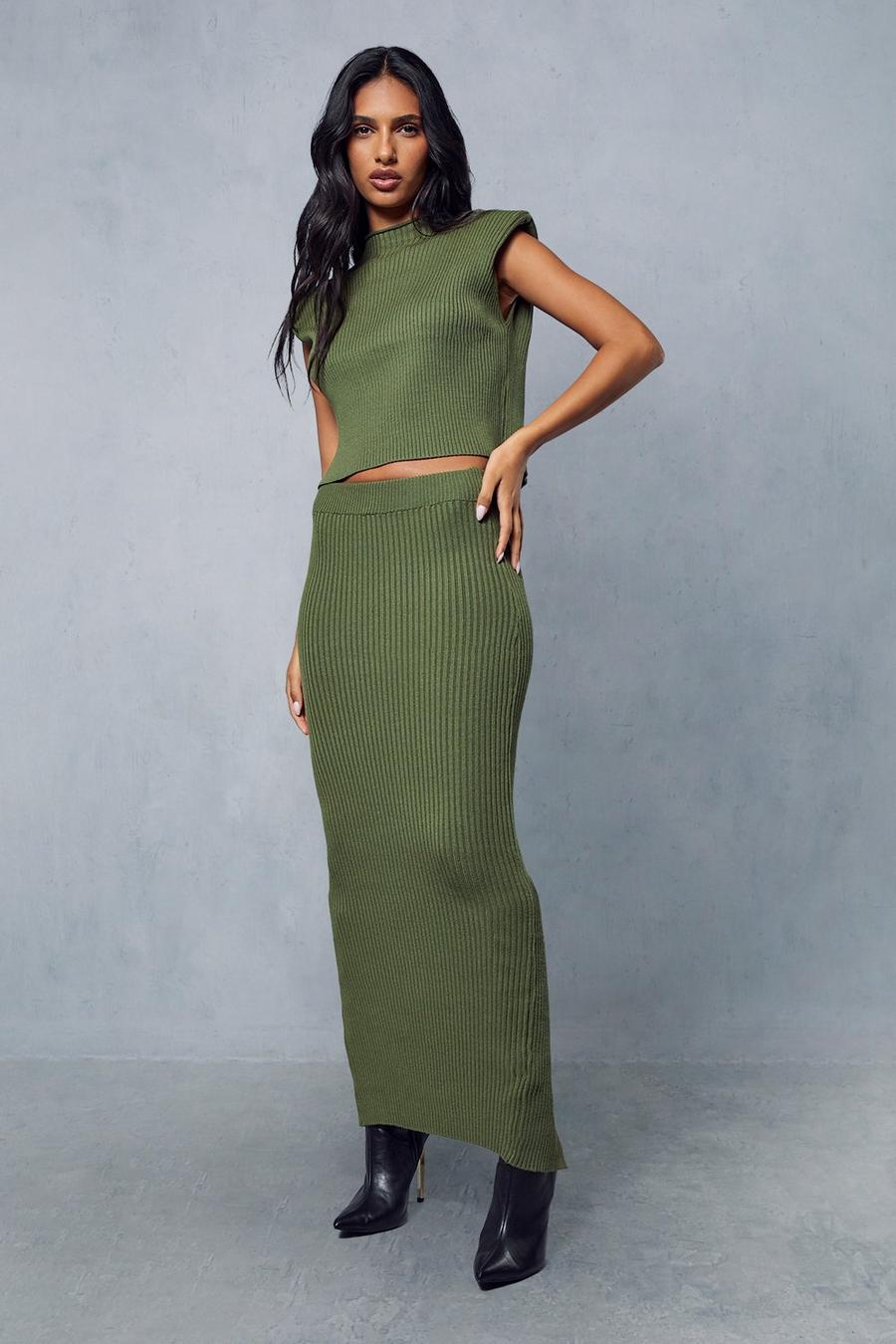 Khaki Knitted Ribbed Shoulder Pad Midi Skirt Co-ord  image number 1