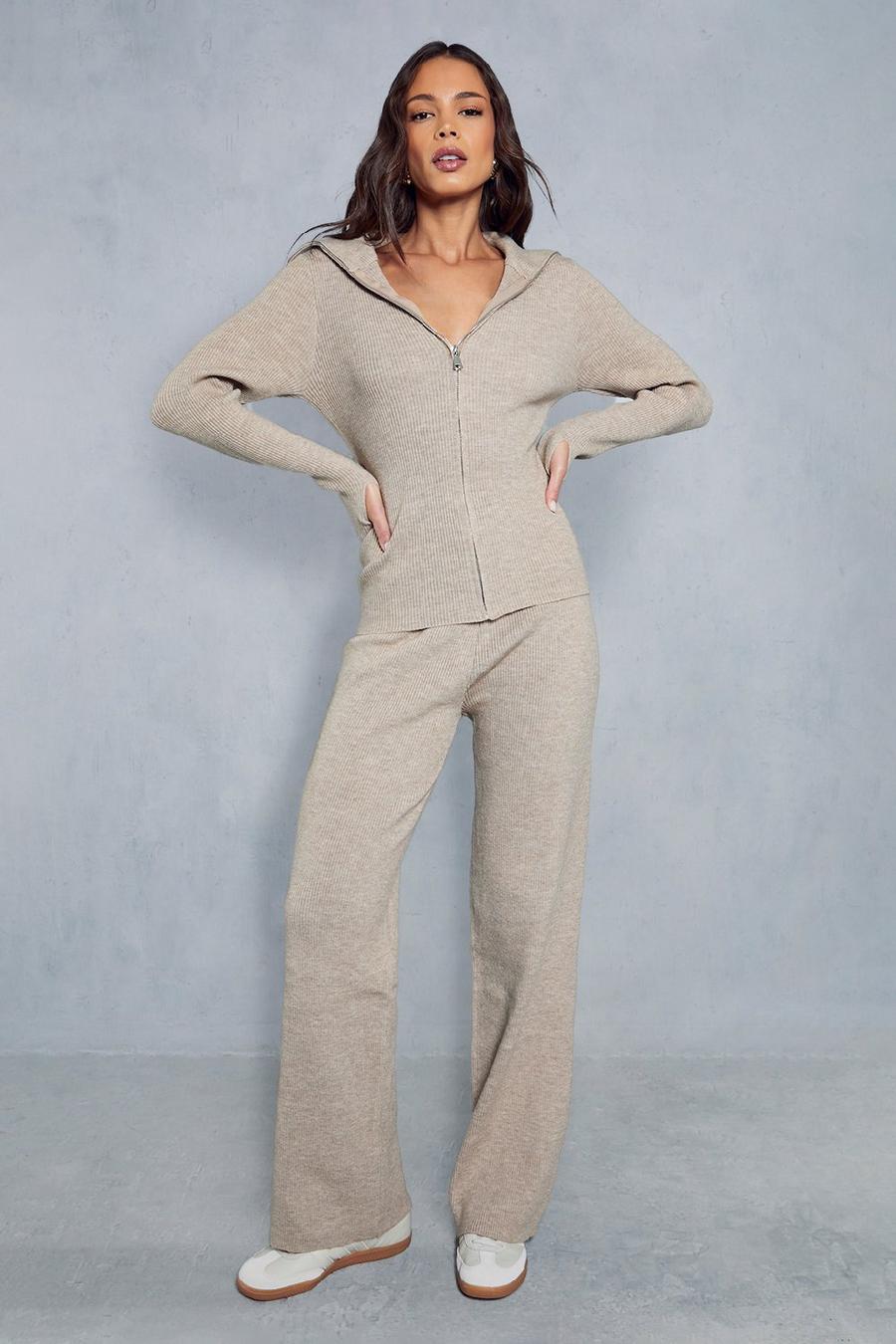 Oatmeal Knitted Ribbed Zip Through Co-ord  image number 1
