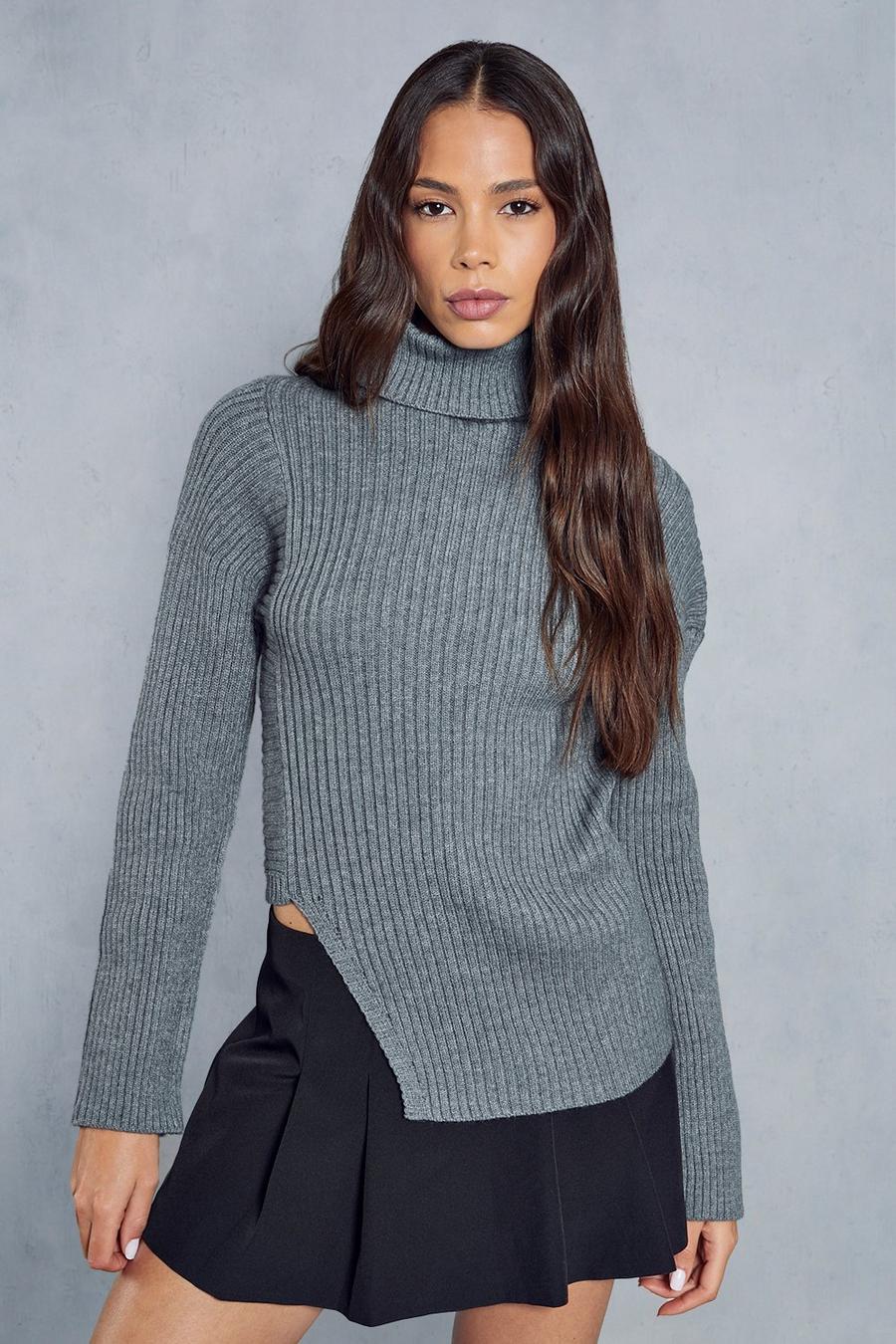 Grey Knitted Ribbed Cut Out Detail Jumper  image number 1
