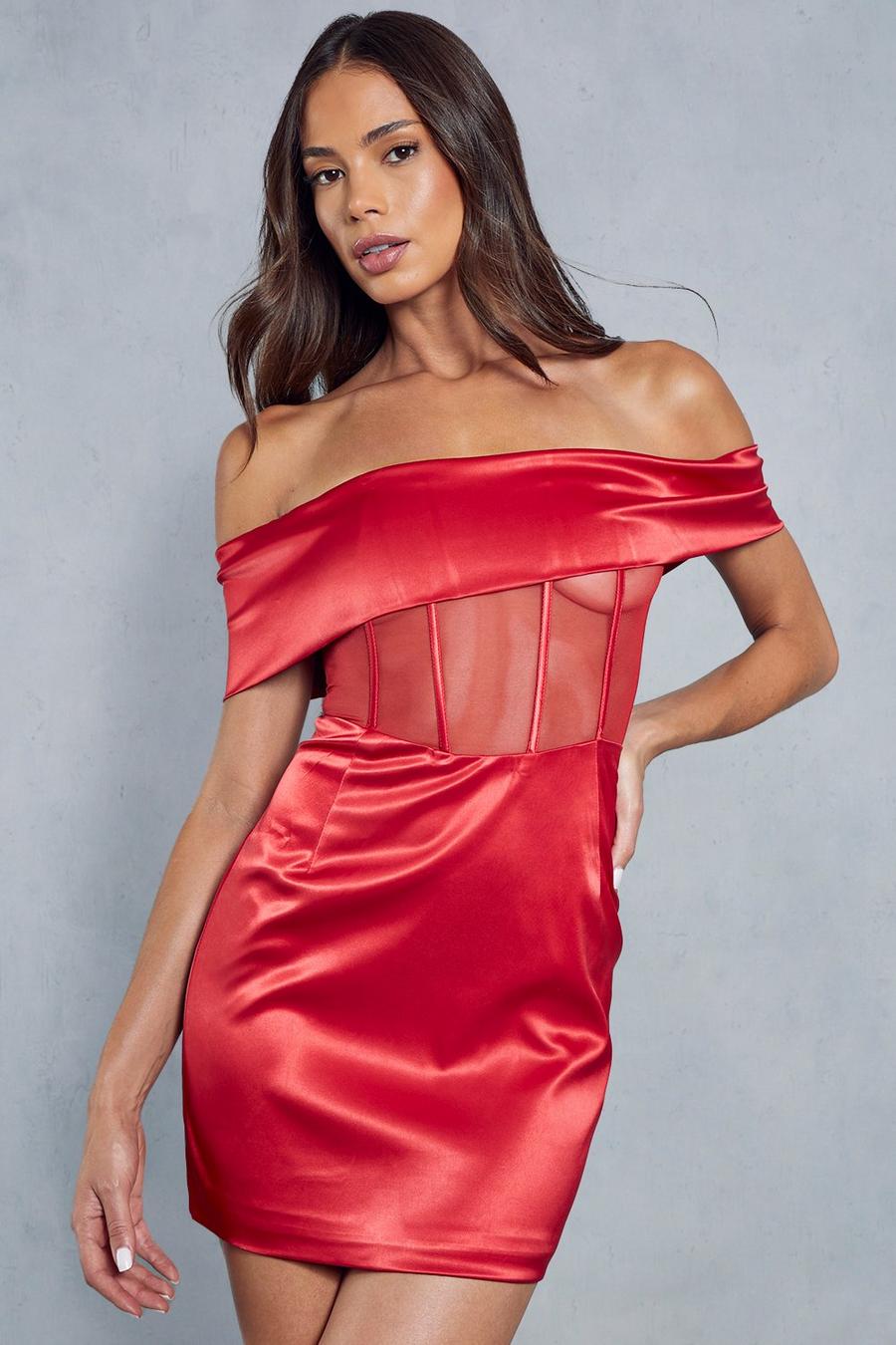 Red Satin Mesh Insert Corseted Bardot Bodycon Mini Dress image number 1