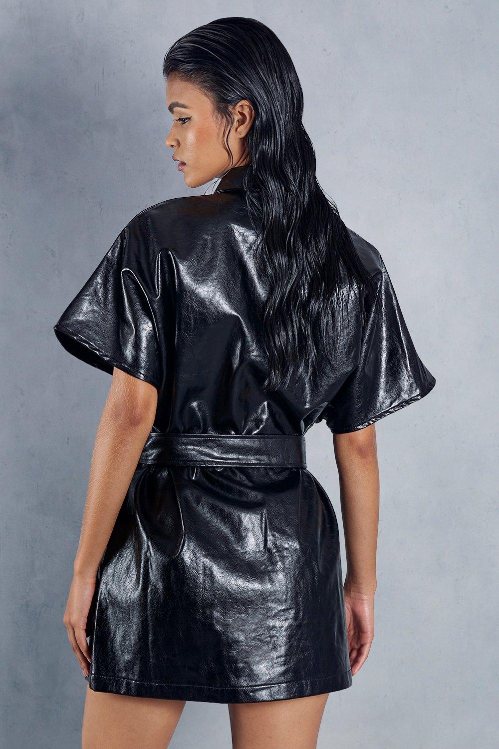 Drop Shoulder Belted Satin Shirt Dress