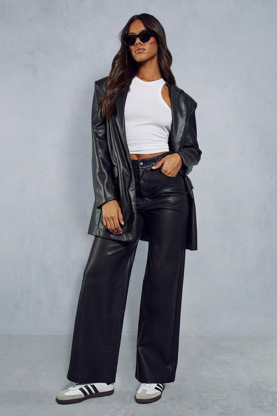 Black High Waisted Wide Leg Leather Look Trouser image number 1