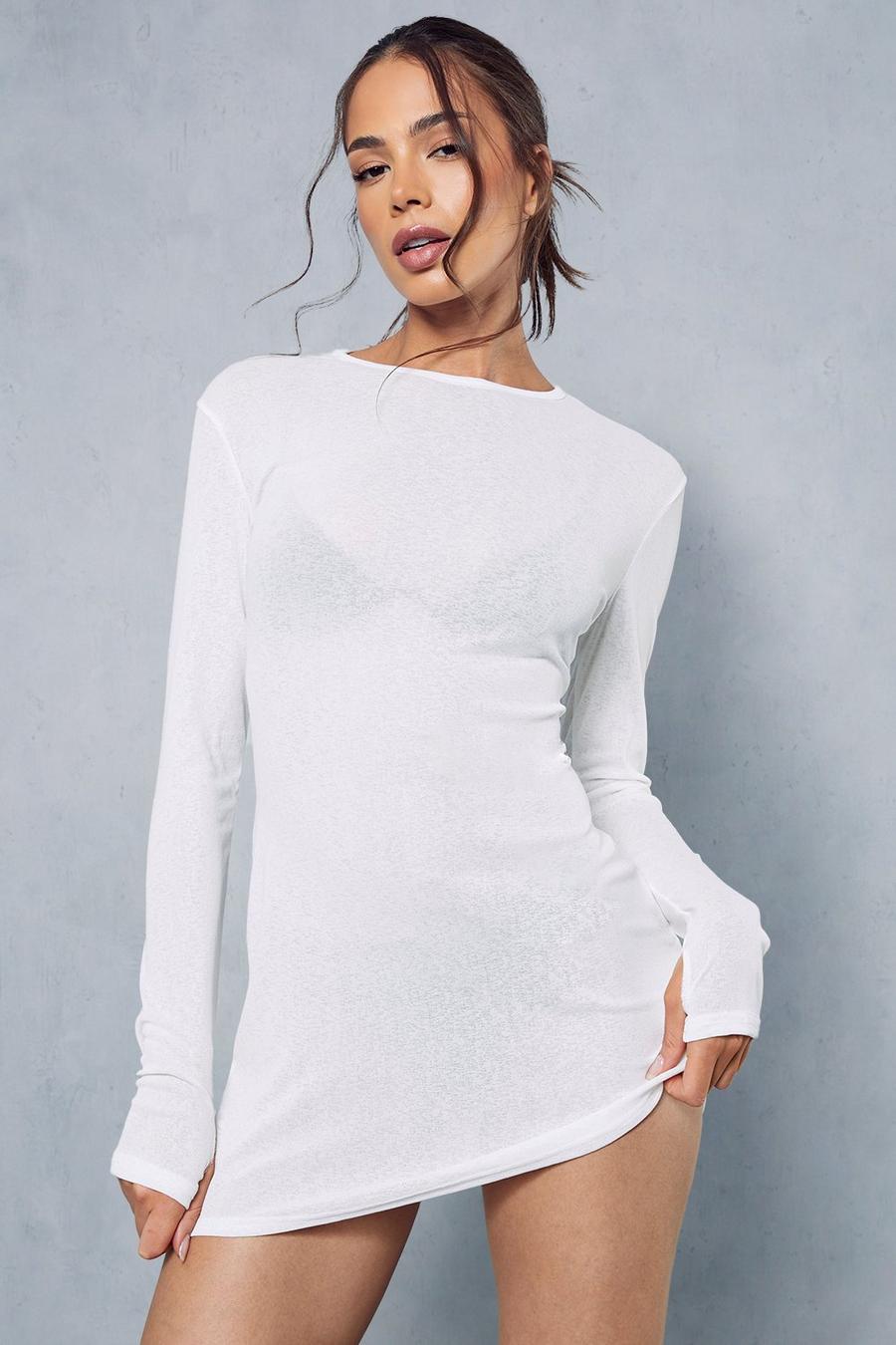 White Sheer Jersey Long Sleeve Mini Dress image number 1