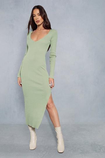 Sage Green Knitted Ribbed Plunge Front Scoop Back Midaxi Dress