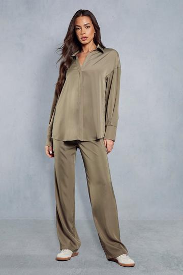 Khaki Satin High Waisted Straight Leg Trouser