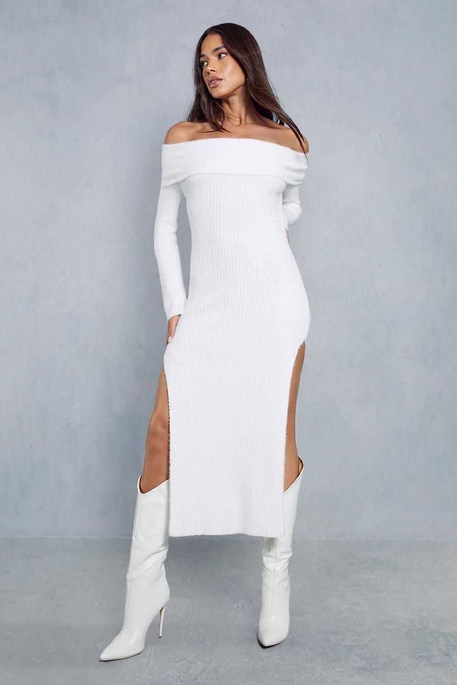 White Premium Fluffy Bardot Split Leg Maxi Dress  image number 1