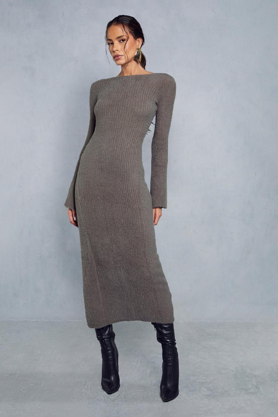 Khaki Premium Fluffy Knitted Backless Split Detail Maxi Dress  image number 1