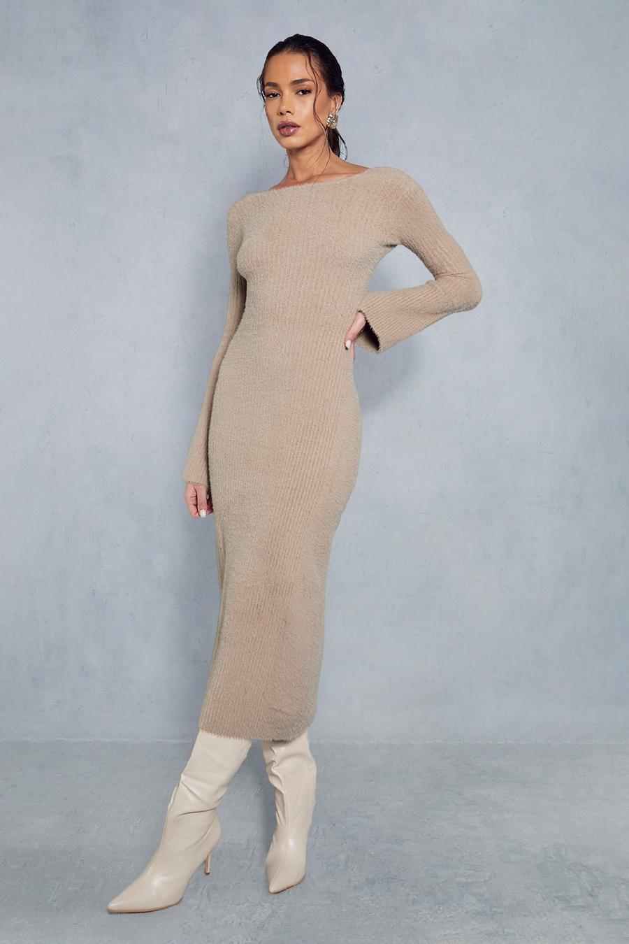 Stone Premium Fluffy Knitted Backless Split Detail Maxi Dress 