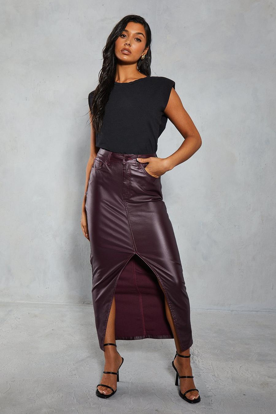 Burgundy Denim Coated Split Front Maxi Skirt image number 1