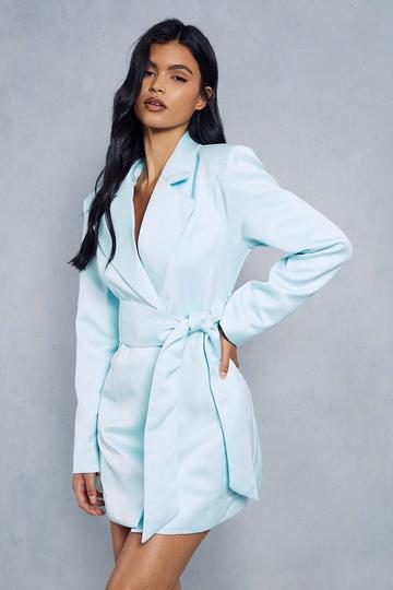 Blue Tailored Satin Belted Blazer Mini Dress