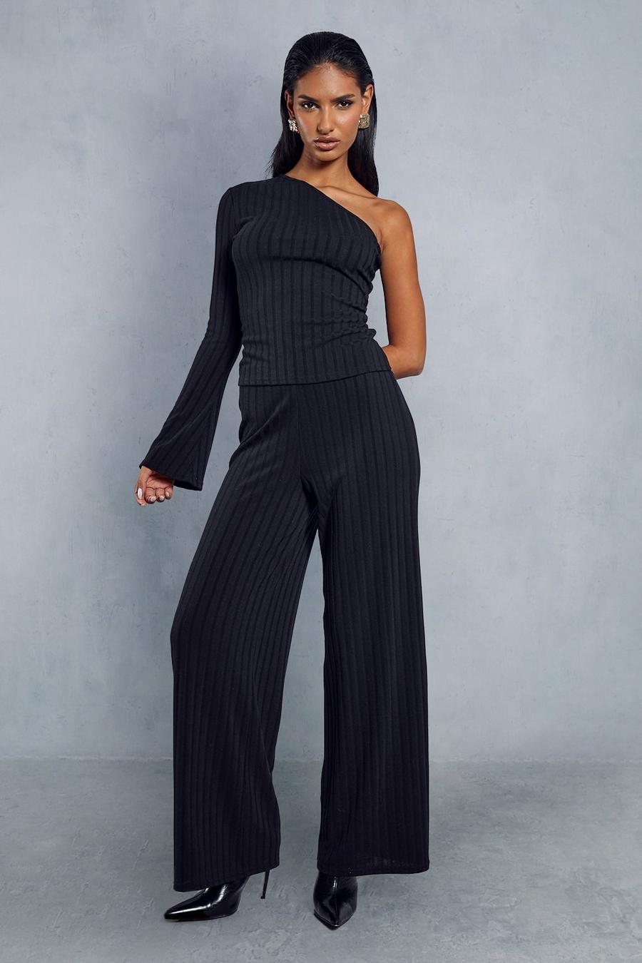 Black Ribbed Flare One Sleeve Trouser Co-ord image number 1