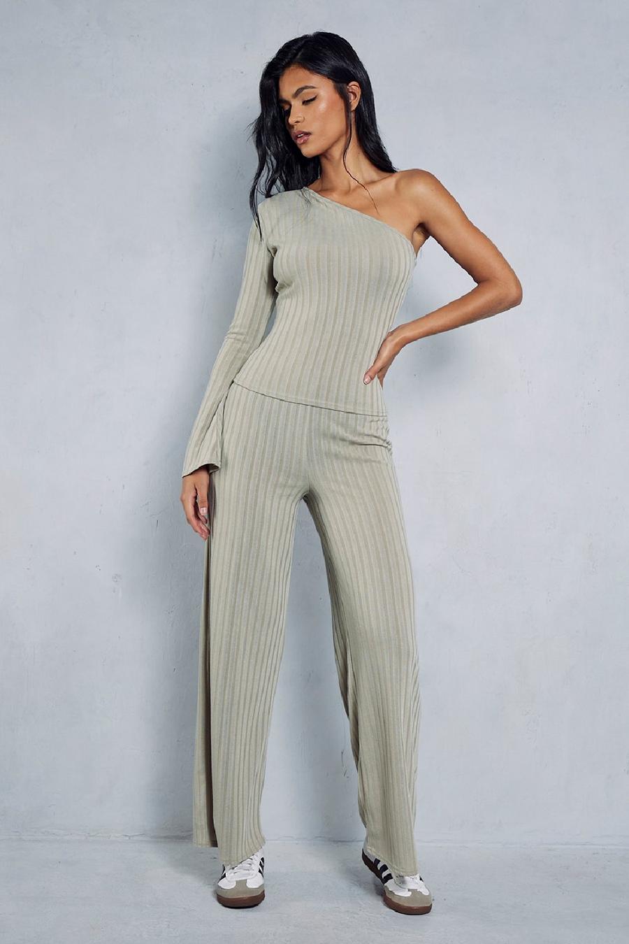 Light khaki Ribbed Flare One Sleeve Trouser Co-ord image number 1