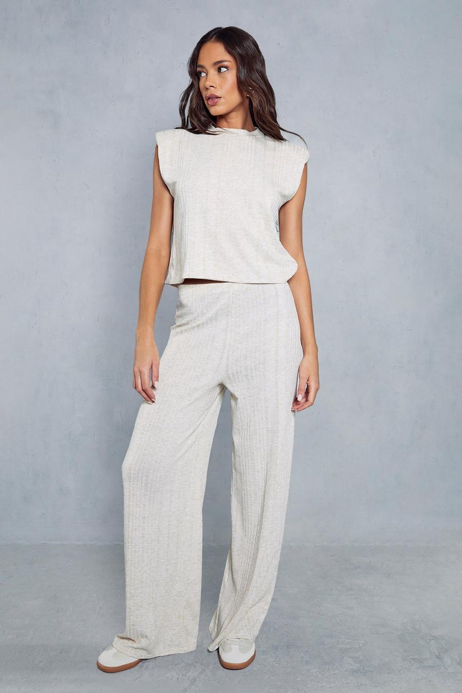 Stone Ribbed Marl Boxy Shoulder Pad Trouser Co Ord image number 1