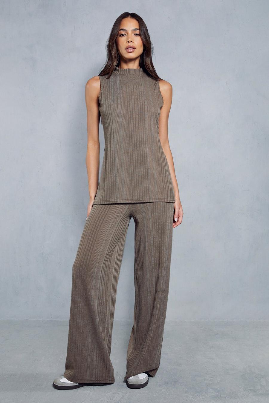 Mocha Ribbed Marl High Neck Sleeveless Trouser Co Ord image number 1