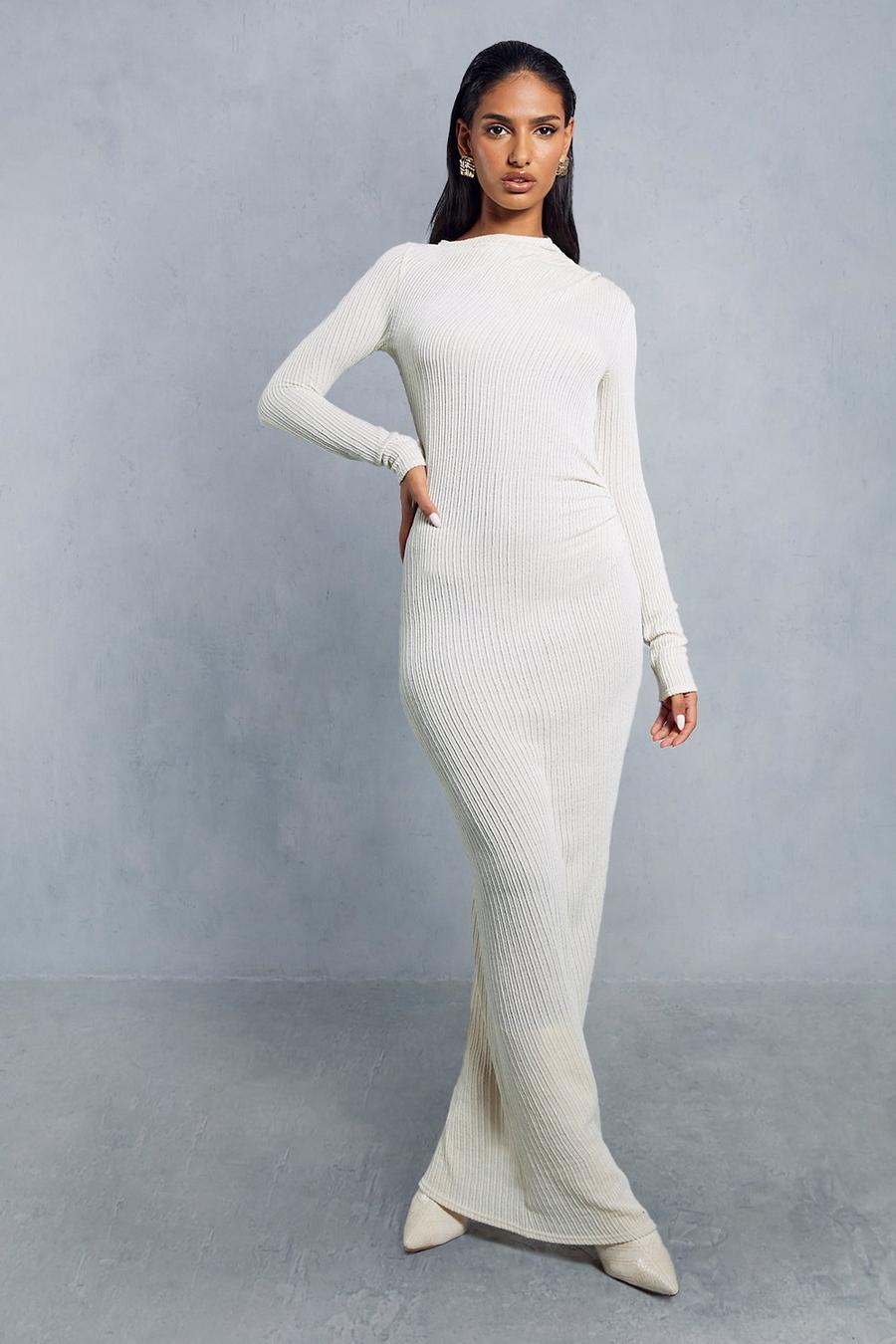 Cream white Contrast Rib Asymmetric Neck Maxi Dress
