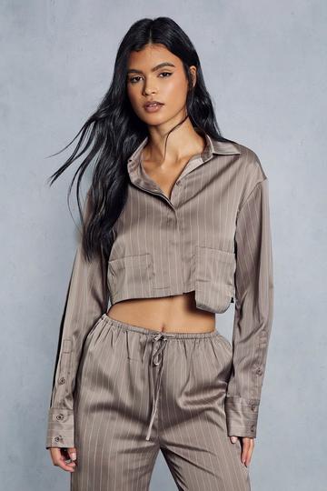 Satin Pinstripe Cropped Pocket Detail Shirt taupe